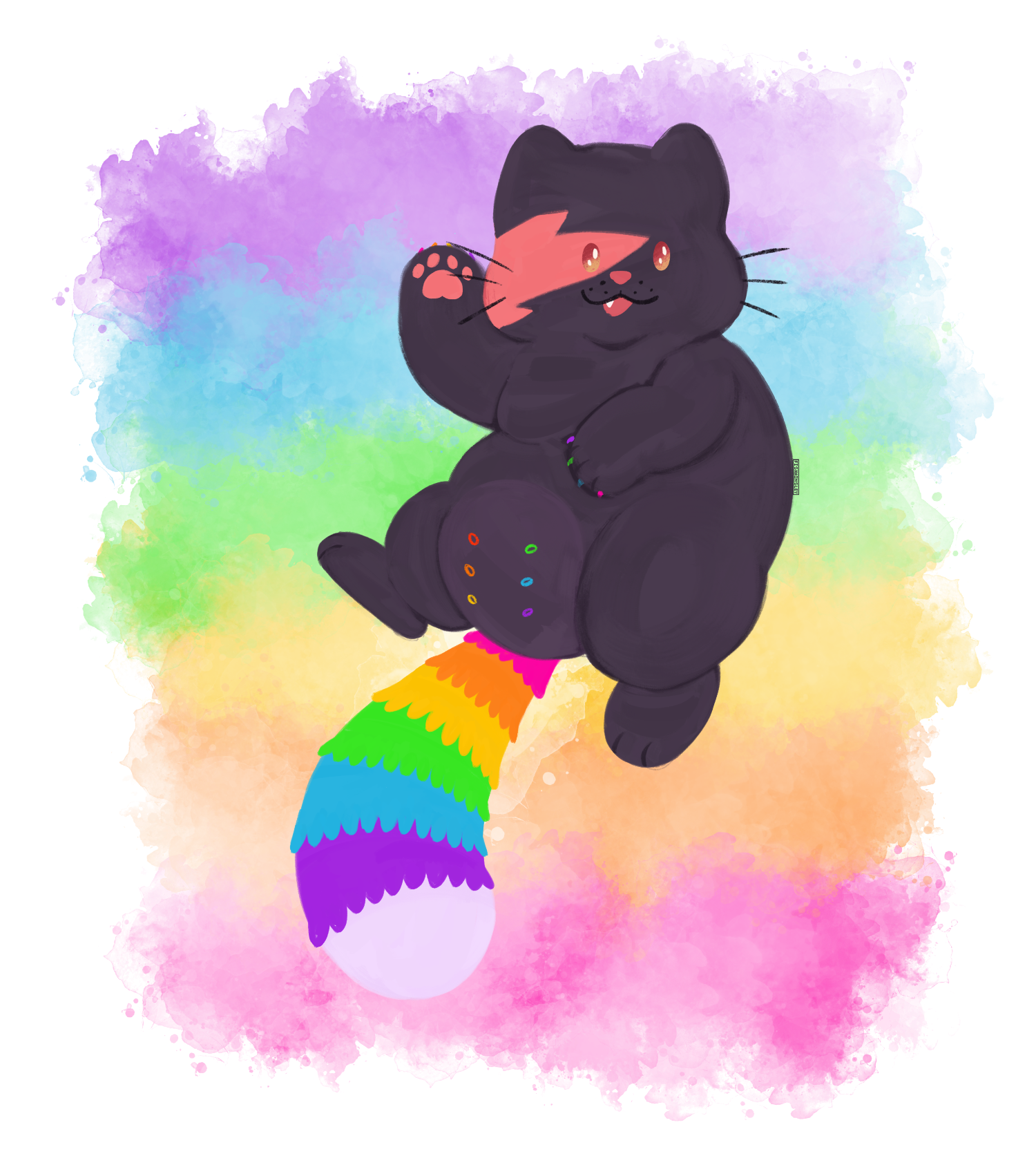 a lineless painting of a fat grey cat with a pink nose and rainbow tail, claws, and nipples waving at the viewer.