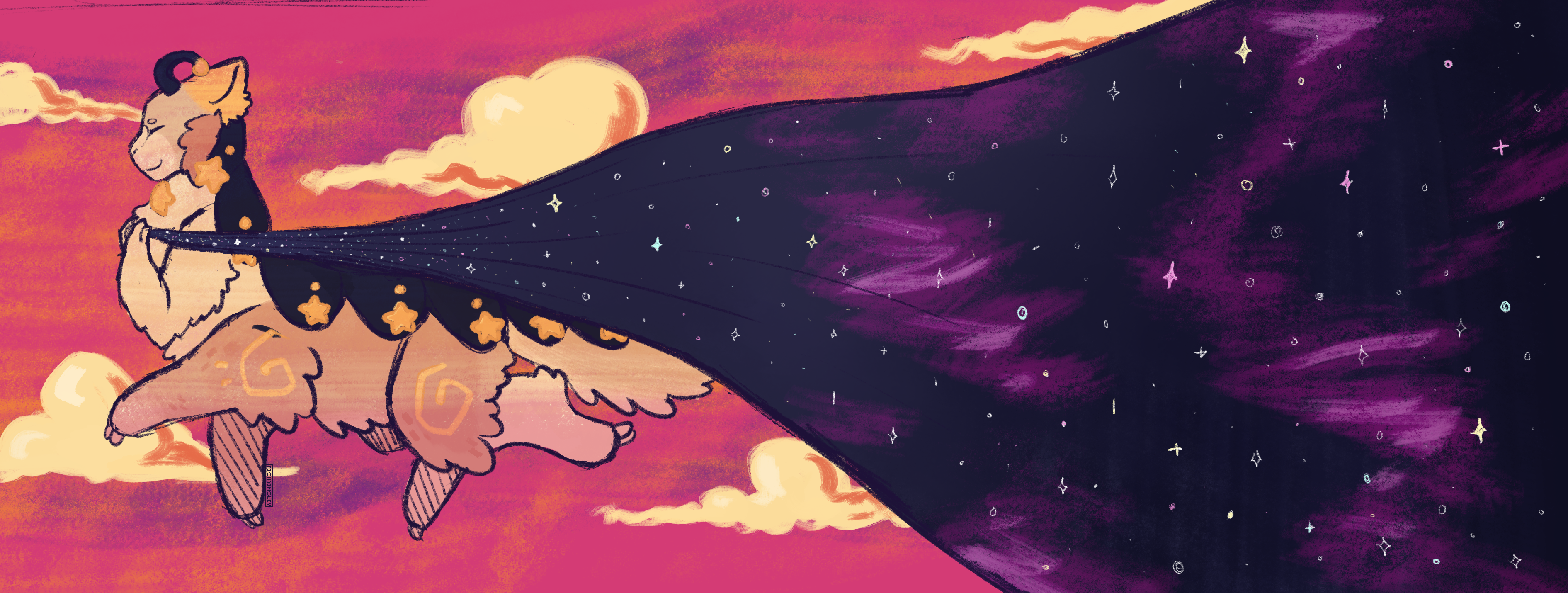 a drawing of a space-themed velvet worm/cat taur flying through the sky, pulling along a fabric-like night sky.