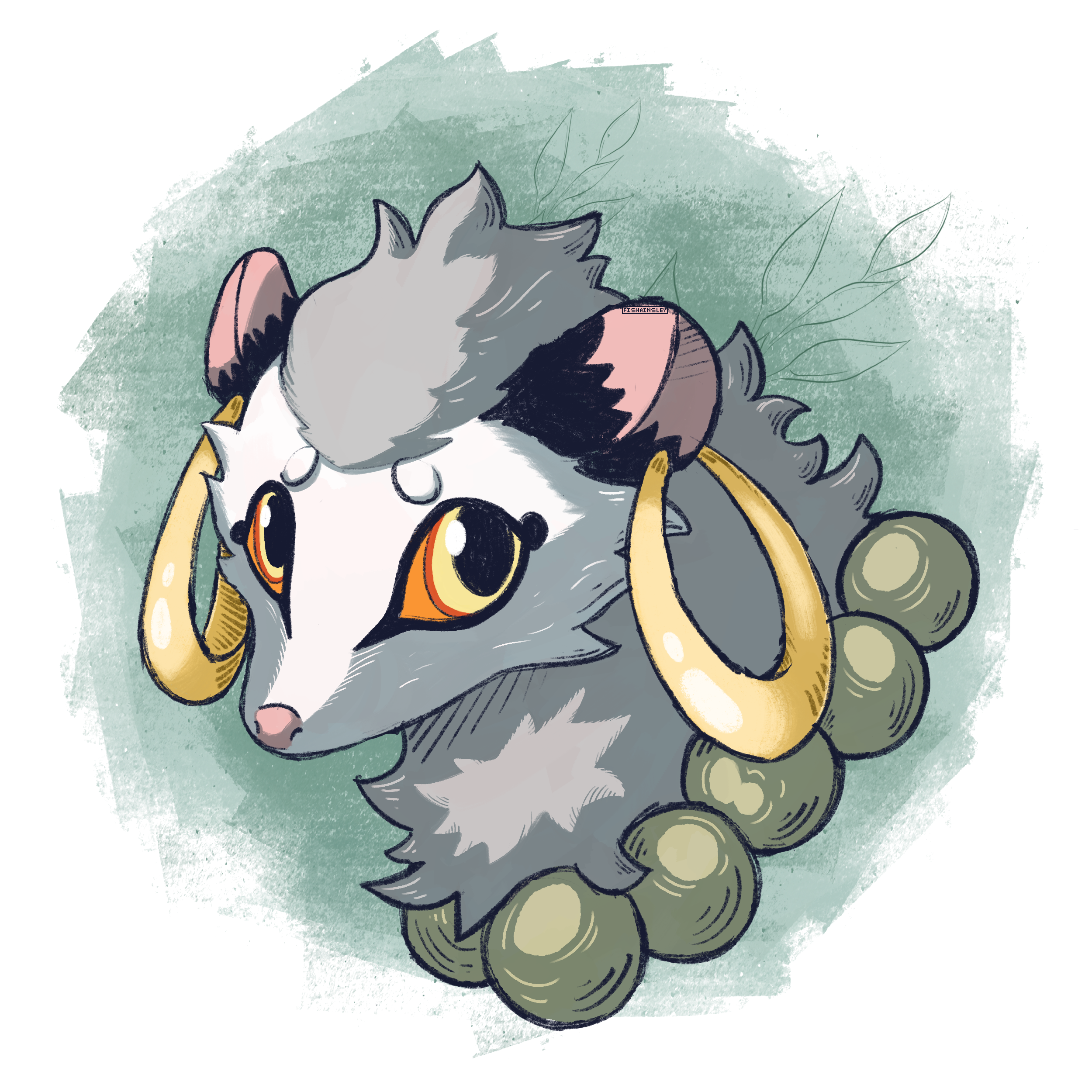 A drawing of a wide-eyed opossum wearing a big necklace and hoop earrings.