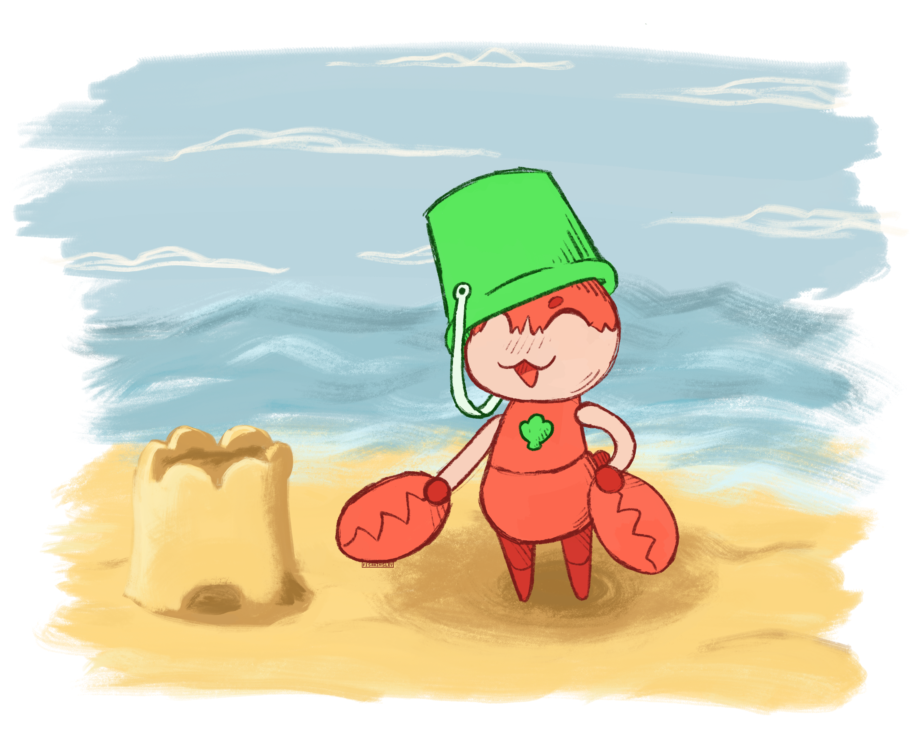 a nano amicabot with crab claws and a bucket as a hat proudly shows off their sandcastle.