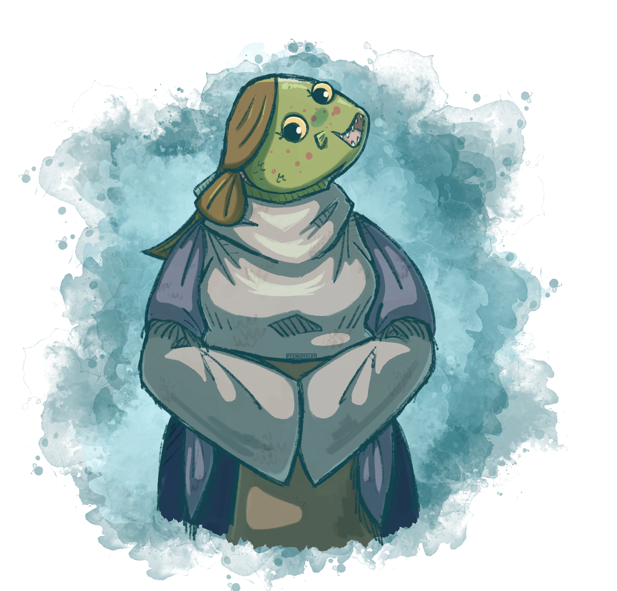 A drawing of a chubby anthro flounder in a winter dress.