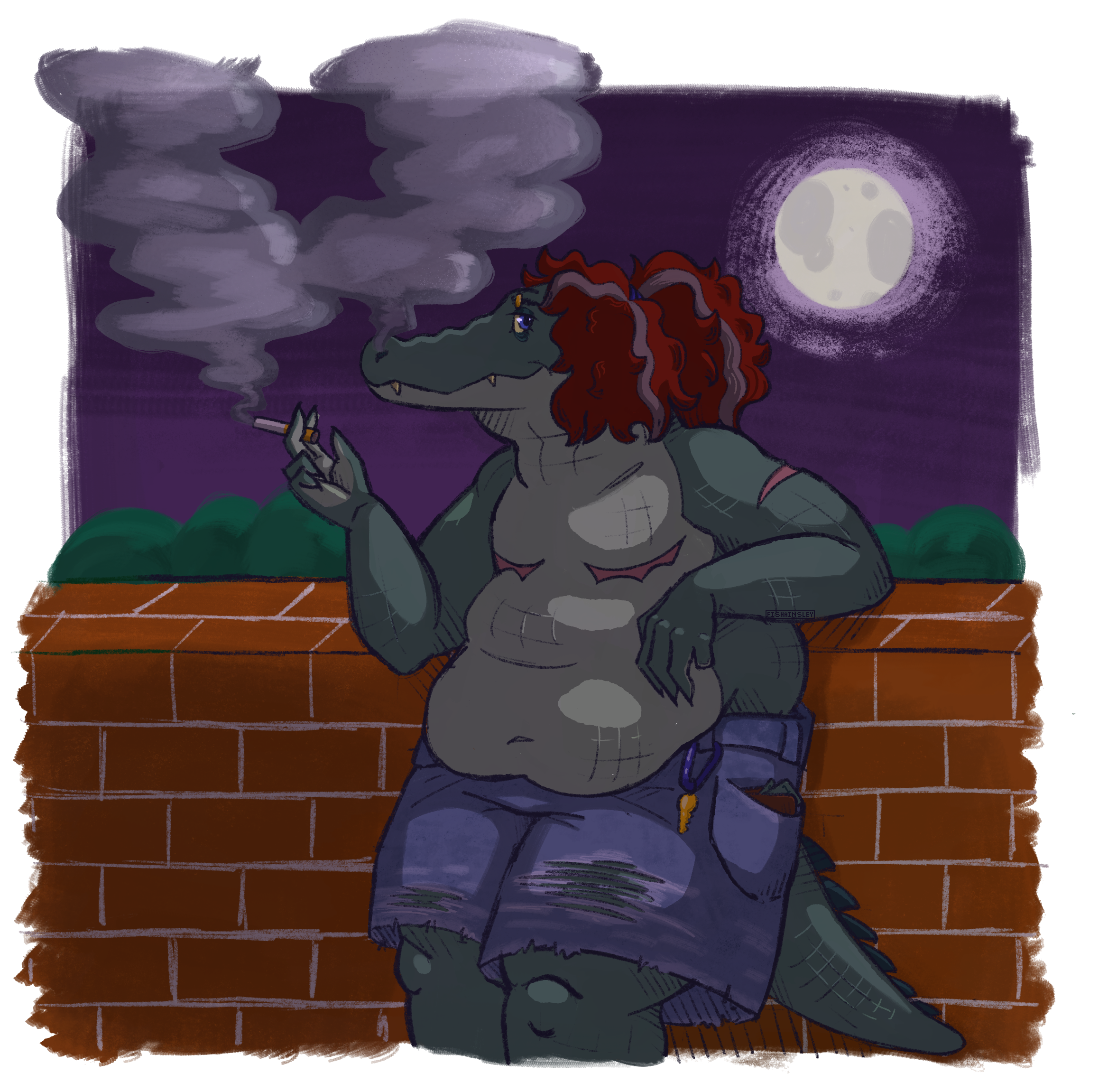 A drawing of an older, fat alligator with top surgery scars. She is smoking a cigarette under the full moon, leaning against a brick wall.