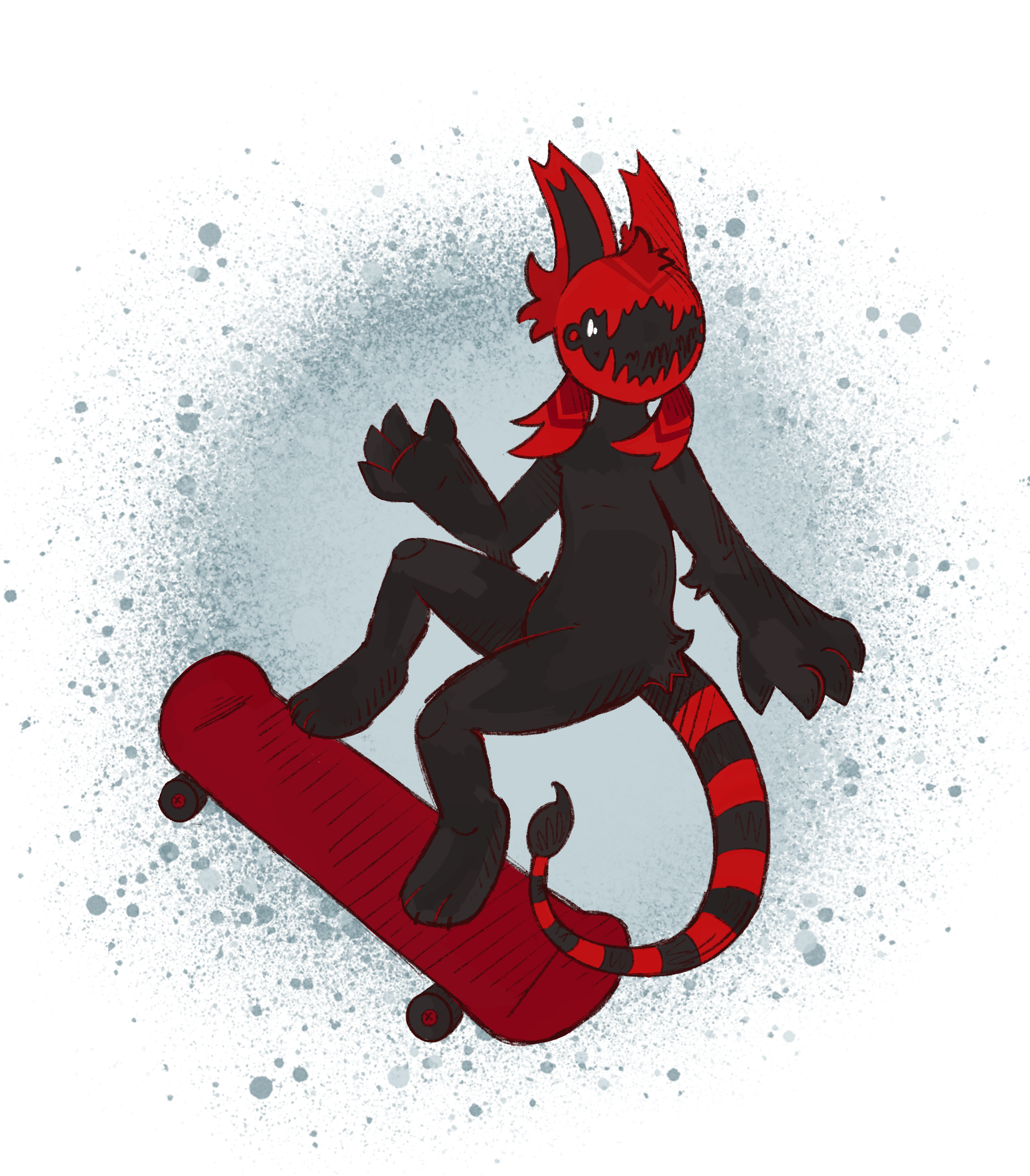 A drawing of a black anthro wearing a red helmet with a teeth design. It is doing a sick af skateboard trick.