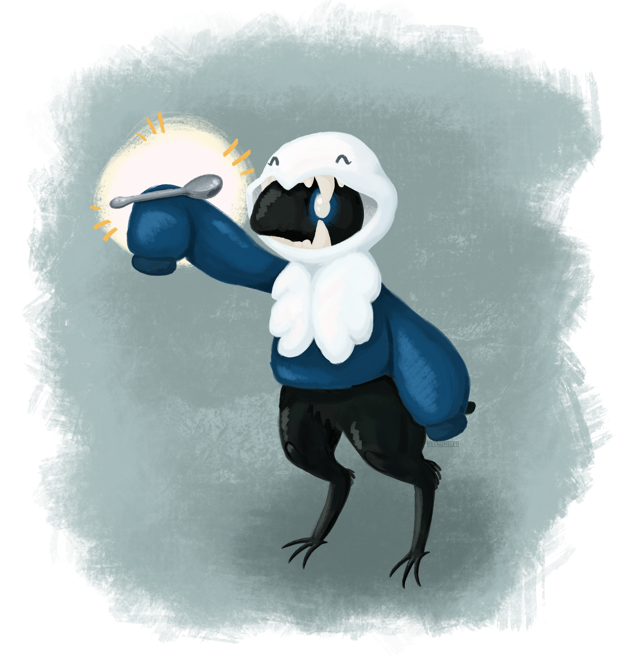 A drawing of a black bird mannequin in a blue sweater, wearing a pale, seal-like mimic as a hoodie.